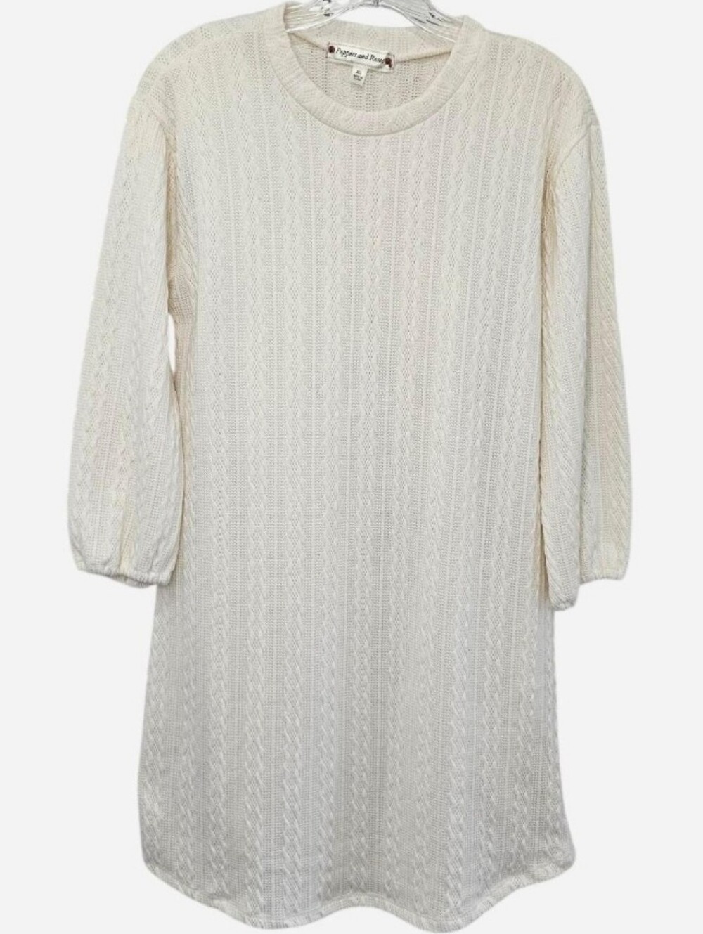 Poppies & Roses Cable Knit Lined Long Sweater 3/4 Sleeve Cream Size XL